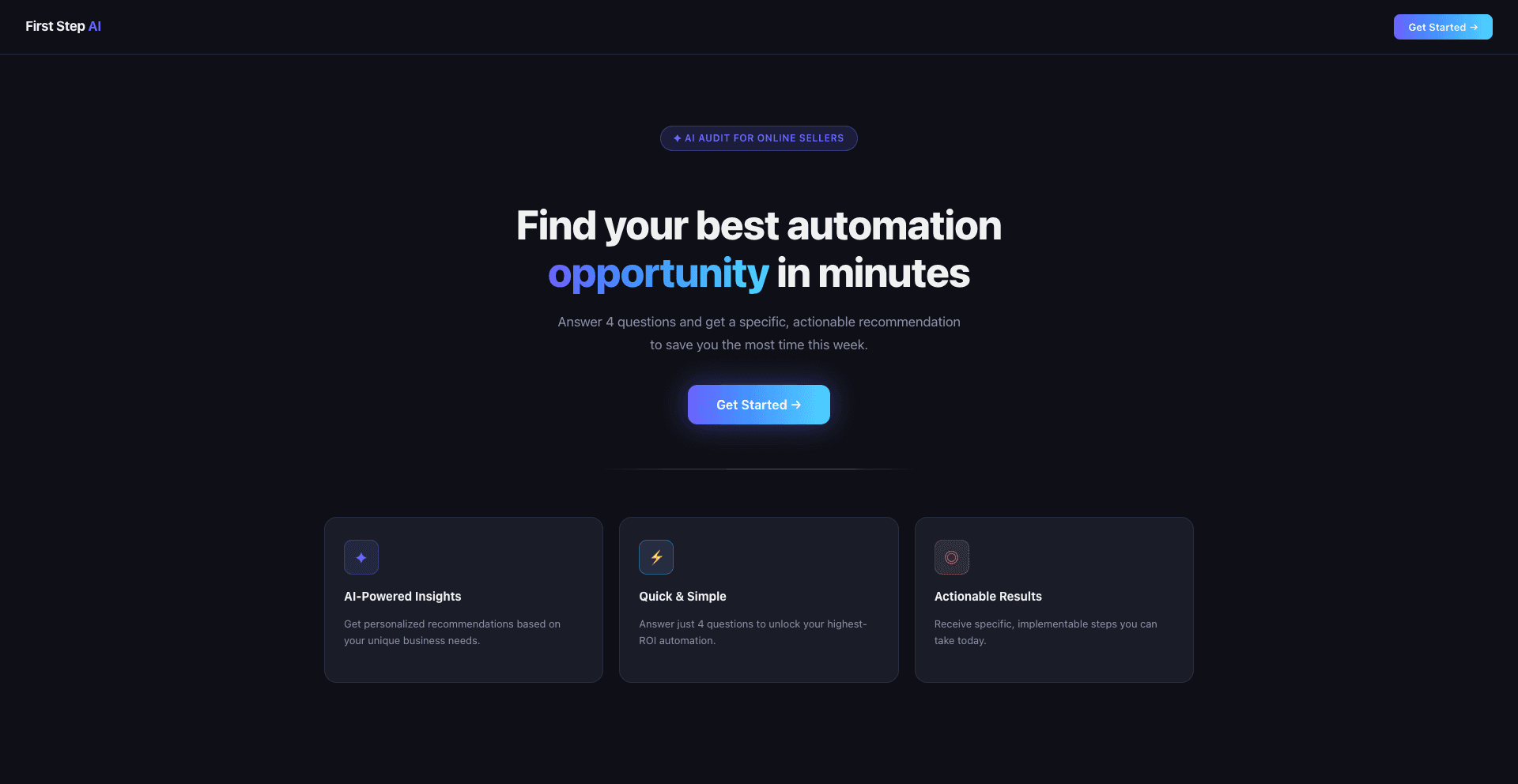Landing page: hero, value proposition, and feature cards